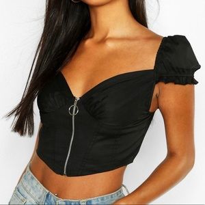 NWT Boohoo Black Zip Front Peasant Crop Top